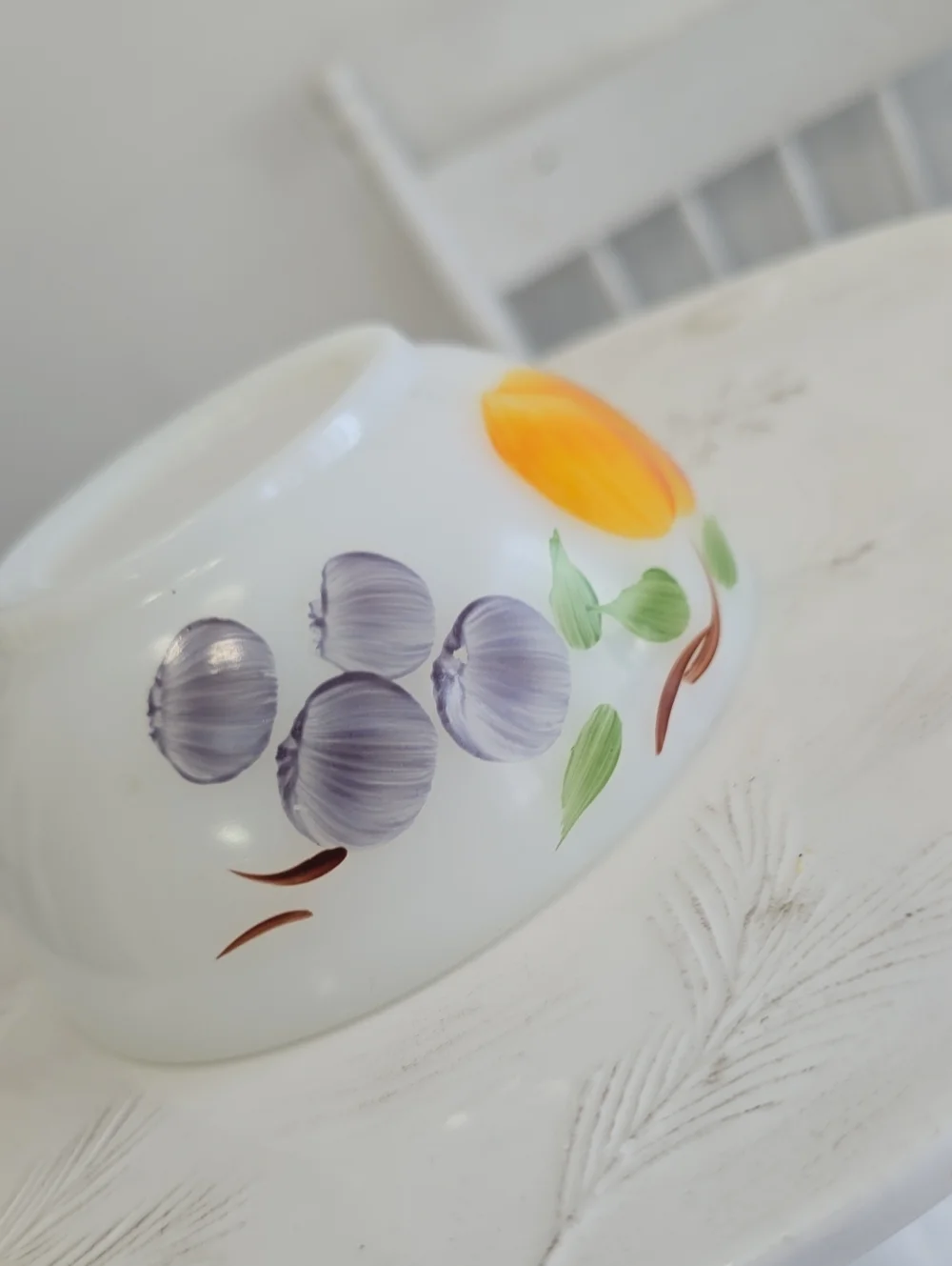 Vintage Fire King Gay Fad Fruit  Ovenware White Milk Glass Bowl Almost 5